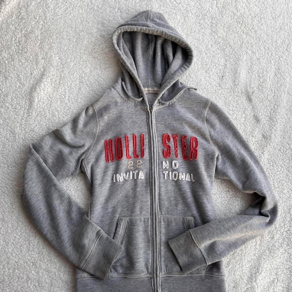 Hollister Gray Hoodie with Red and White Accents